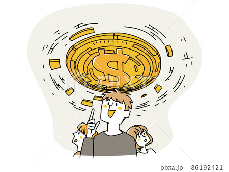 仮想通貨に未来を託す人々 コミカルな手書きの人物 ベクター 線画にシンプルな色つけ のイラスト素材