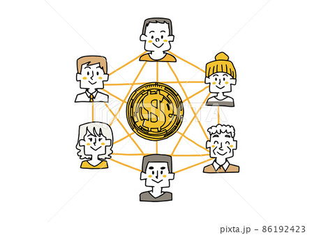 ブロックチェーン 仮想通貨 Nft コミカルな手書きの人物 ベクター 線画にシンプルな色つけ のイラスト素材