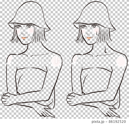 一個女人在桑拿浴室出汗的插圖。我戴著一頂鮑勃頭髮的桑拿帽。 86192520