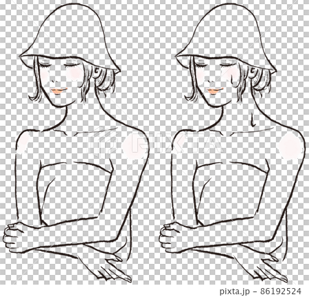 Illustration of a woman sweating in the sauna. She has long hair, wears a sauna hat, and closes her eyes. 86192524