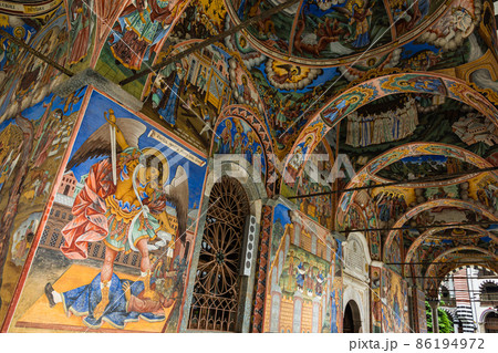 ブルガリア 世界遺産 リラ修道院の聖堂のフレスコ画の写真素材