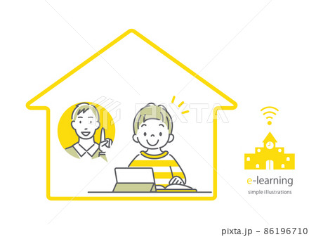 自宅で楽しくオンライン授業を受ける小学生の男の子 シンプルでお洒落な線画イラストのイラスト素材
