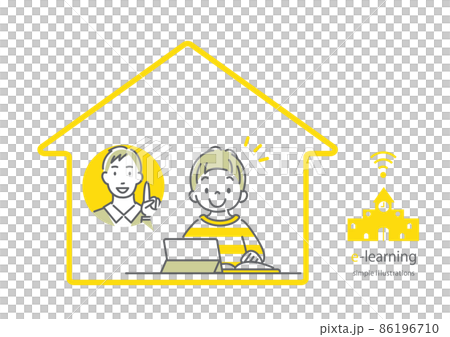 自宅で楽しくオンライン授業を受ける小学生の男の子 シンプルでお洒落な線画イラストのイラスト素材