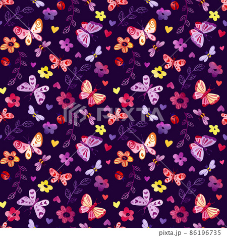 Watercolor pattern of butterflies, flowers, twigs, bees and ladybugs on a dark background. 86196735