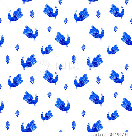 Seamless watercolor pattern of folk birds and flowers. The illustration is executed in naive style in ultramarine color. 86196736