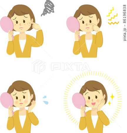 イラスト素材セット 肌トラブル 若い女性がお肌の老化を鏡で見て悩む姿 オイリー 毛穴の黒ずみ ニキビのイラスト素材