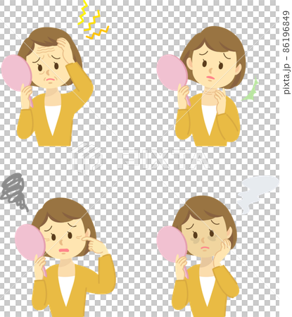 Illustration material set: Skin trouble A young woman worried about aging skin in the mirror Dullness / wrinkles / upper body Illustration material set: Skin trouble A young woman worried about aging skin in the mirror Dullness / wrinkles / upper body 86196849