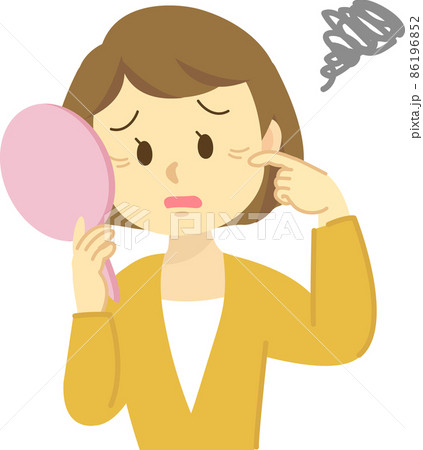 イラスト素材 肌トラブル 若い女性が目尻や目の下やほうれい線に出来たシワに悩む姿 上半身のイラスト素材