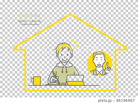 自宅で楽しくオンライン授業を受ける高校生　シンプルでお洒落な線画イラスト 86196987