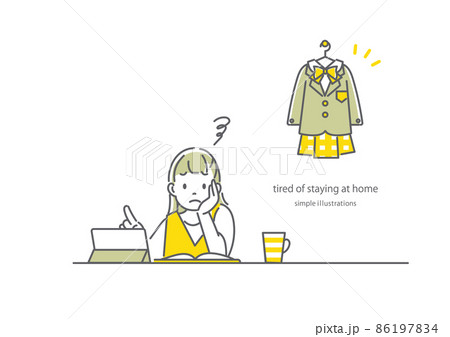 休校が続きうんざりする高校生　シンプルでお洒落な線画イラスト 86197834