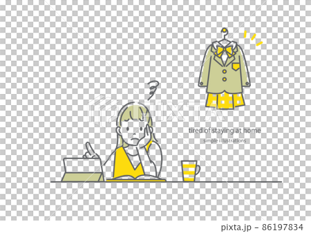休校が続きうんざりする高校生　シンプルでお洒落な線画イラスト 86197834