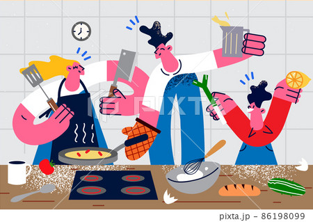 Smiling family with kid cooking at home together Smiling family with kid cooking at home together 86198099