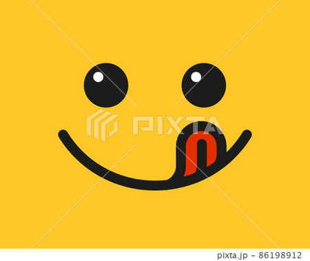 Yummy smile emoji with tongue lick mouth. Delicious tasty food symbol for social network. Yummy and hungry icon. Savory gourmet. Enjoy food sign. Vector illustration isolated on yellow background 86198912
