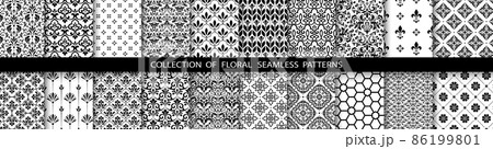 Geometric floral set of seamless patterns. Black and white vector backgrounds. Simple illustrations Geometric floral set of seamless patterns. Black and white vector backgrounds. Simple illustrations 86199801