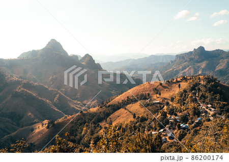 mountains and orange grass in the evening 86200174
