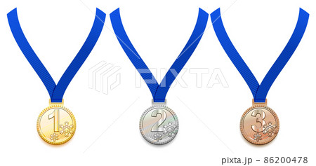 Set gold, silver and bronze medal on blue ribbon. Winter sport game award 86200478