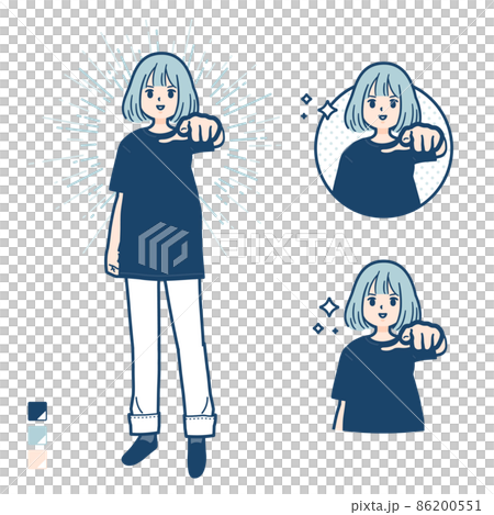 ビッグサイズtシャツを着た女性が正面を指差しているイラストのイラスト素材