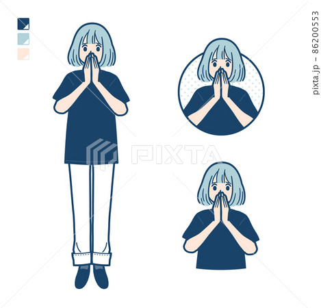 ビッグサイズTシャツを着た女性が驚き不安な様子になっているイラスト 86200553