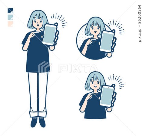 ビッグサイズTシャツを着た女性がスマートフォンを差し出しているイラスト 86200564