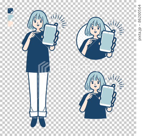 ビッグサイズTシャツを着た女性がスマートフォンを差し出しているイラスト 86200564