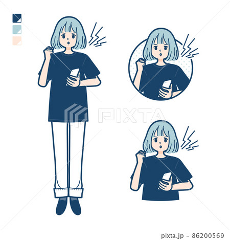 ビッグサイズtシャツを着た女性がスマートフォンを持ち怒っているイラストのイラスト素材