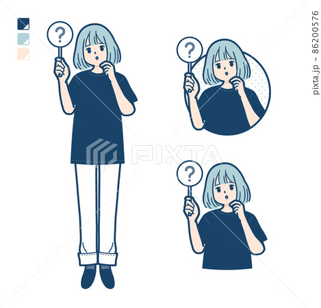 ビッグサイズTシャツを着た女性がクエスチョン印パネルを出すイラスト ビッグサイズTシャツを着た女性がクエスチョン印パネルを出すイラスト 86200576
