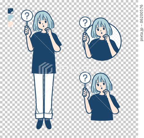 ビッグサイズTシャツを着た女性がクエスチョン印パネルを出すイラスト ビッグサイズTシャツを着た女性がクエスチョン印パネルを出すイラスト 86200576
