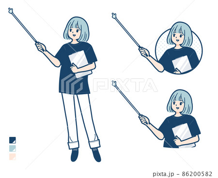 ビッグサイズTシャツを着た女性が指示棒で解説しているイラスト 86200582