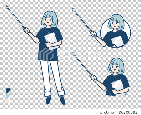ビッグサイズTシャツを着た女性が指示棒で解説しているイラスト 86200582