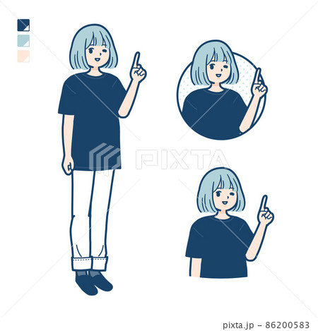 ビッグサイズTシャツを着た女性が指差ししているイラスト ビッグサイズTシャツを着た女性が指差ししているイラスト 86200583