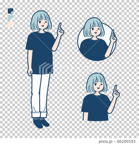 ビッグサイズTシャツを着た女性が指差ししているイラスト ビッグサイズTシャツを着た女性が指差ししているイラスト 86200583