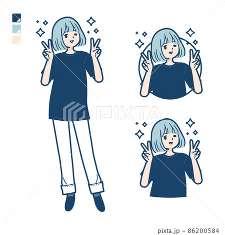 ビッグサイズTシャツを着た女性がピースサインをしているイラスト 86200584