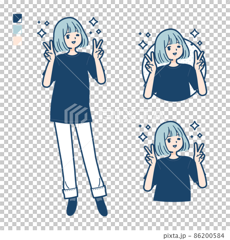 ビッグサイズTシャツを着た女性がピースサインをしているイラスト 86200584