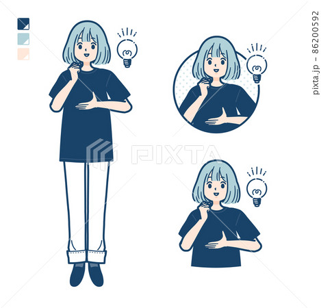 ビッグサイズTシャツを着た女性がアイデアを閃いたイラスト 86200592
