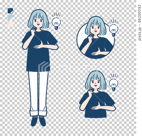ビッグサイズTシャツを着た女性がアイデアを閃いたイラスト 86200592