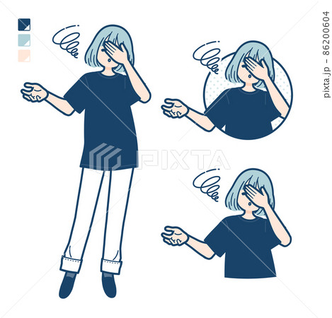 ビッグサイズTシャツを着た女性が頭をかかえて落胆しているイラスト ビッグサイズTシャツを着た女性が頭をかかえて落胆しているイラスト 86200604