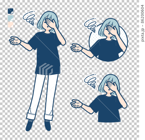 ビッグサイズTシャツを着た女性が頭をかかえて落胆しているイラスト ビッグサイズTシャツを着た女性が頭をかかえて落胆しているイラスト 86200604