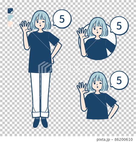 Illustration of a woman wearing a big size T-shirt counting as 5 Illustration of a woman wearing a big size T-shirt counting as 5 86200610