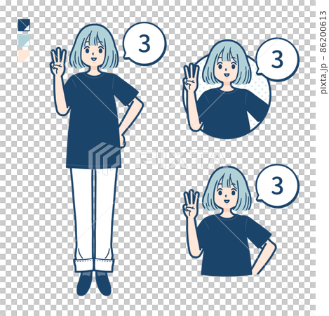 Illustration of a woman wearing a big size T-shirt counting as 3 Illustration of a woman wearing a big size T-shirt counting as 3 86200613