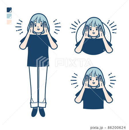 ビッグサイズTシャツを着た女性が大声で呼びかけているイラスト 86200624