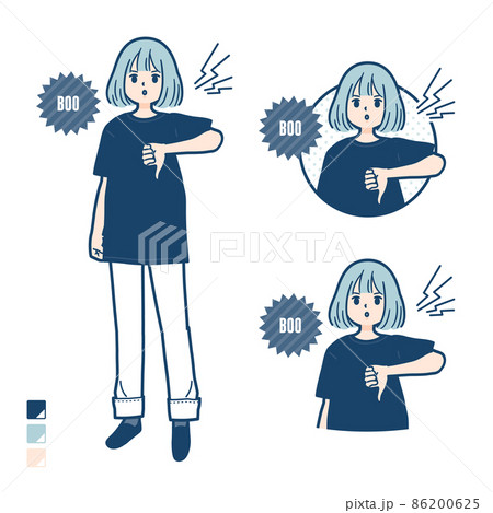 ビッグサイズtシャツを着た女性が抗議 ブーイングしているイラストのイラスト素材
