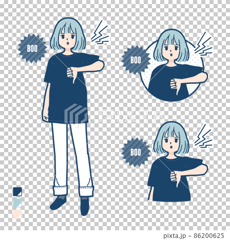 Illustration of a woman wearing a big size T-shirt protesting and booing Illustration of a woman wearing a big size T-shirt protesting and booing 86200625
