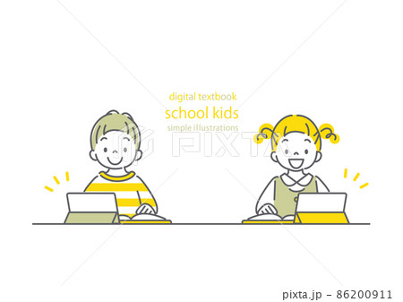 デジタルテキスト　デジタルテキストで楽しく授業を受ける小学生　シンプルでお洒落な線画イラスト 86200911