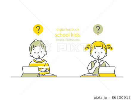デジタルテキスト　考える小学生　シンプルでお洒落な線画イラスト 86200912