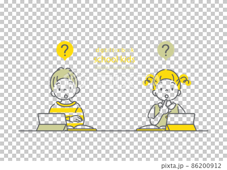 デジタルテキスト　考える小学生　シンプルでお洒落な線画イラスト 86200912