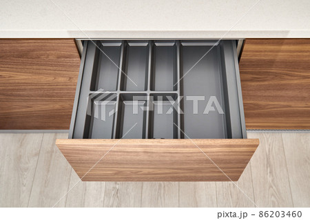 Minimalist style kitchen of walnut wood and gray color with acrylic solid surface countertop 86203460