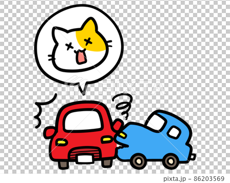Hand-drawn style illustration of a cute cat character who caused a car accident Hand-drawn style illustration of a cute cat character who caused a car accident 86203569