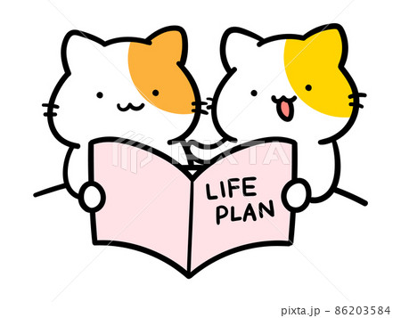 ライフプランを確認するかわいいねこカップルのキャラクターの手書き風イラスト ライフプランを確認するかわいいねこカップルのキャラクターの手書き風イラスト 86203584