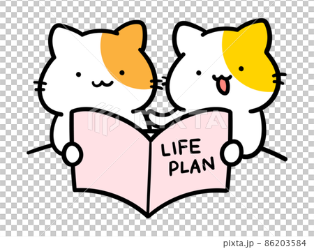 ライフプランを確認するかわいいねこカップルのキャラクターの手書き風イラスト ライフプランを確認するかわいいねこカップルのキャラクターの手書き風イラスト 86203584