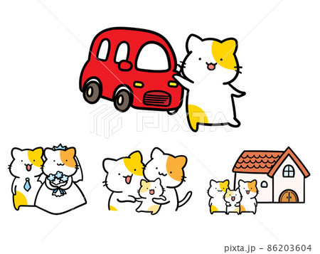 ライフイベントなかわいいねこのキャラクターの手書き風イラストセット ライフイベントなかわいいねこのキャラクターの手書き風イラストセット 86203604